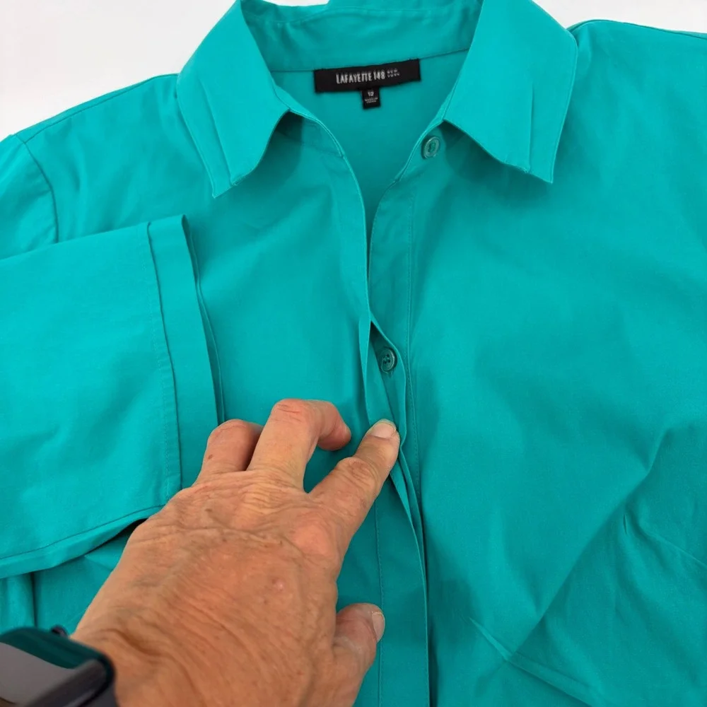 Lafayette 148 New York Teal Green Pleated Waist Hidden Button Down Shirt Size 12 - Picture 8 of 11